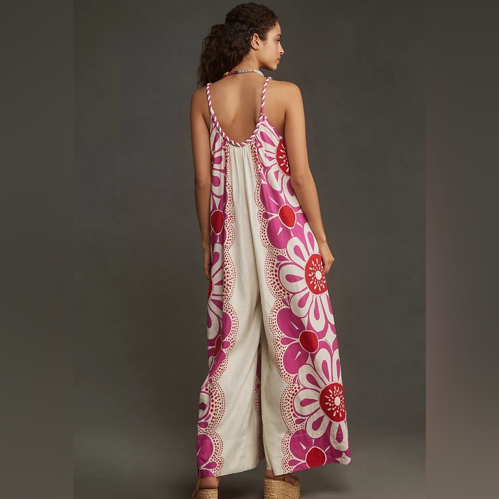Farm Rio Off-White Maia Pink Floral Linen Blend Wide Leg Scoop Neck Jumpsuit - Picture 2 of 11